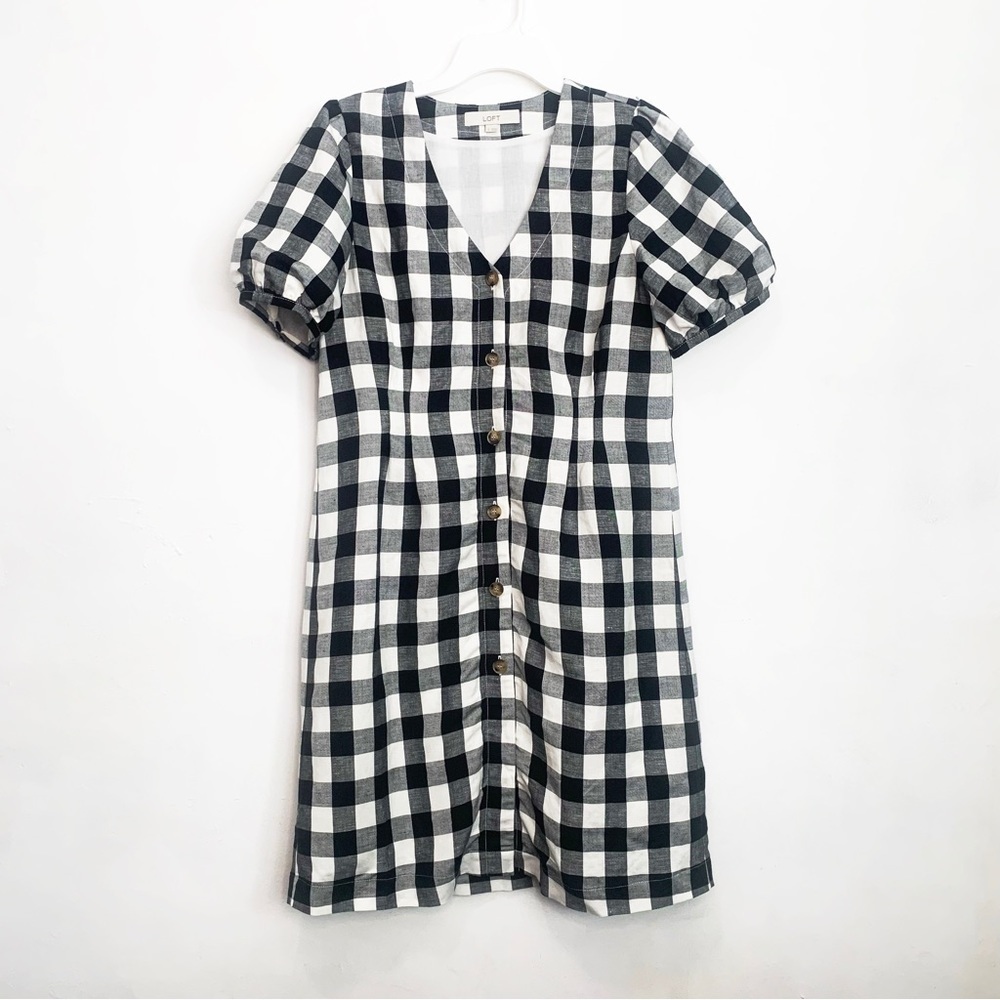 Loft Gingham Button Down V-Neck Bubble Sleeve Lin… - image 2
